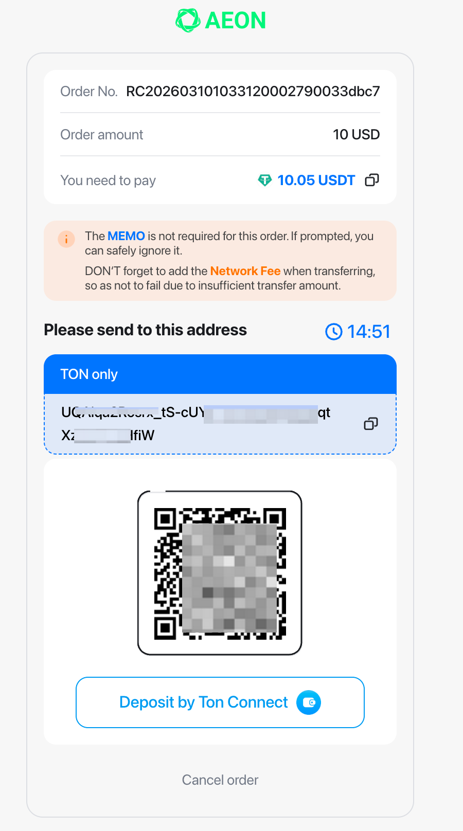Payment order details and QR code
