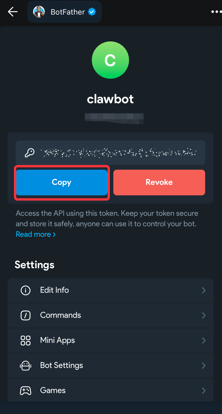 Alternative way to get the Telegram bot token