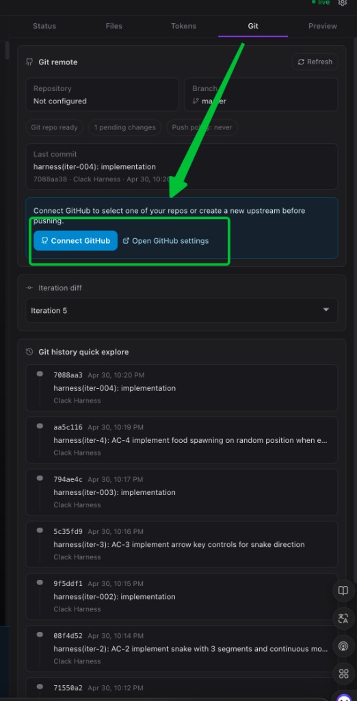 Connect GitHub from the Git tab