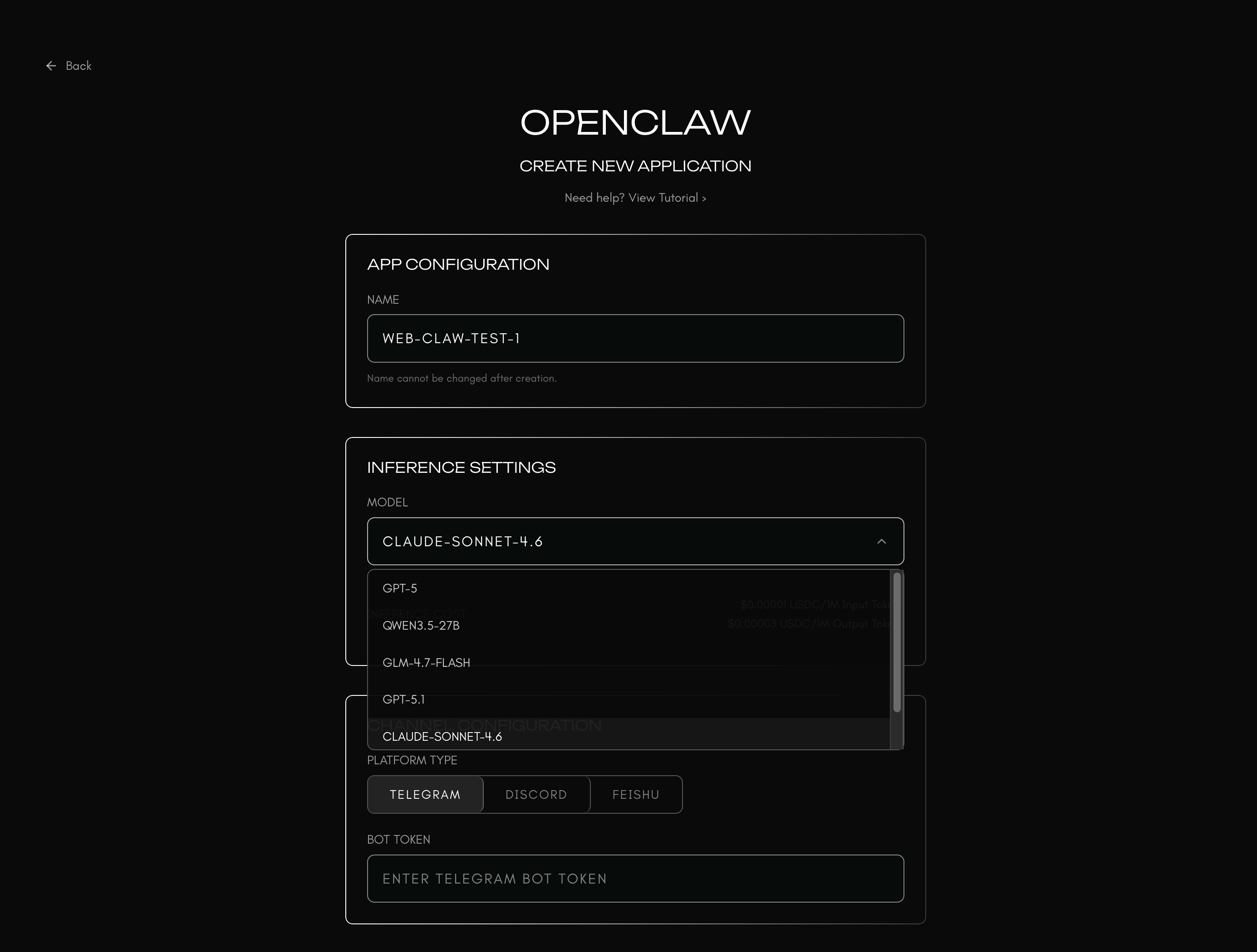 Create application form with model and channel settings