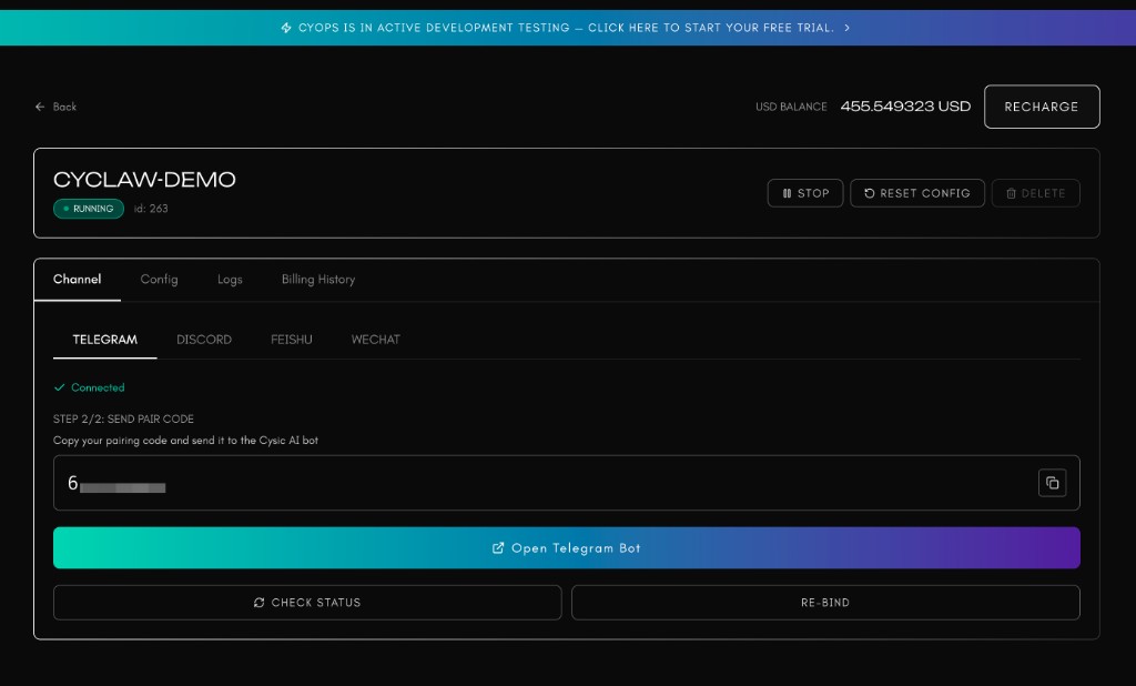 Open Telegram Bot and authorize pairing